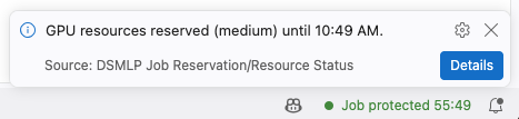 The VS Code status bar reading Job protected 55:49, below a notification that says GPU resources reserved (medium) until 10:49 AM, from PARASOL Job Reservation/Resource Status, with a Details button.